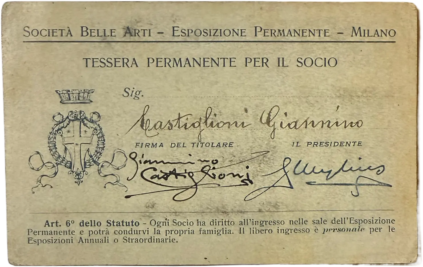 Società di Belle Arti di Milano - Tessera Permamente Socio Società di Belle Arti di Milano - Tessera Permamente Socio